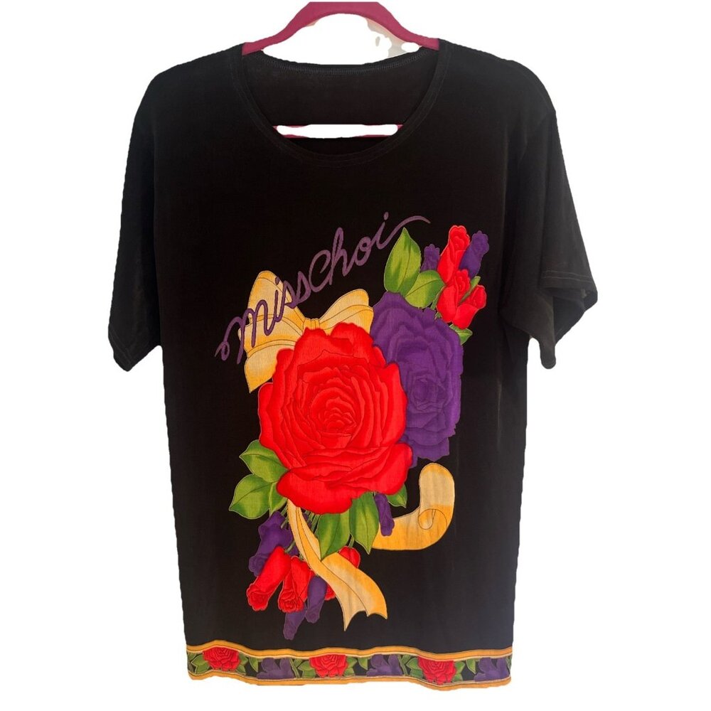 Vintage Knit Short Sleeve Knit Slinky Top With Vibrant Rose Graphic Sz M/L Retro
